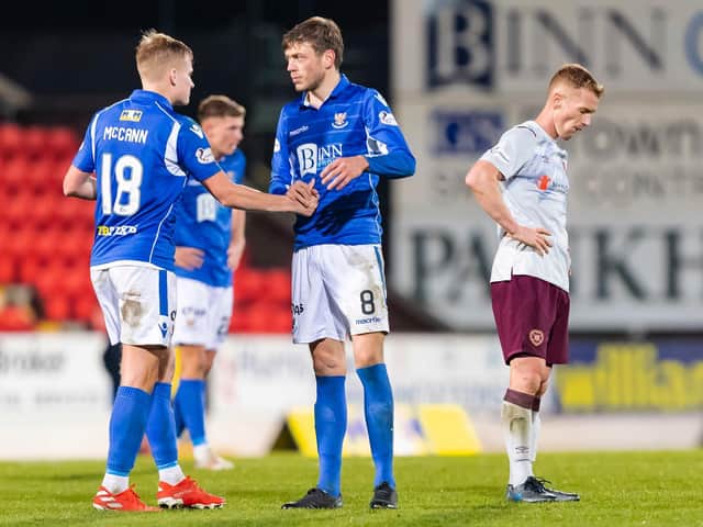 Olly Bozanic is left dejected as St Johnstone celebrate. Pic: SNS