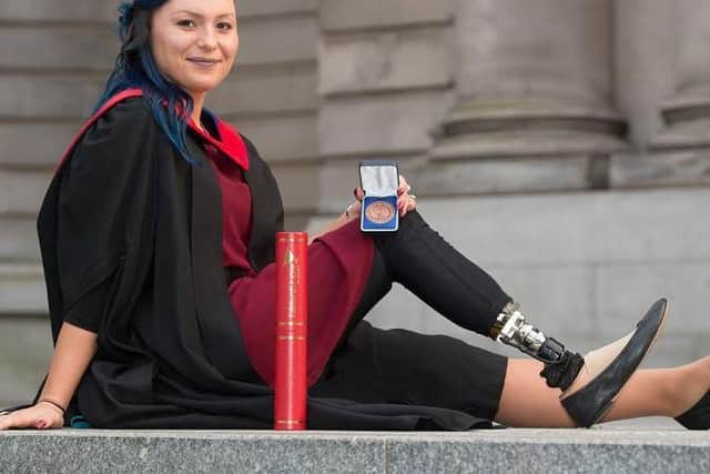 Six years on the determined young woman has defied the odds and has just graduated with highest honour