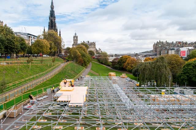 Scaffolding is erected in Princes Street Gardens East in preparation for the Christmas market. Picture: Ian Georgeson