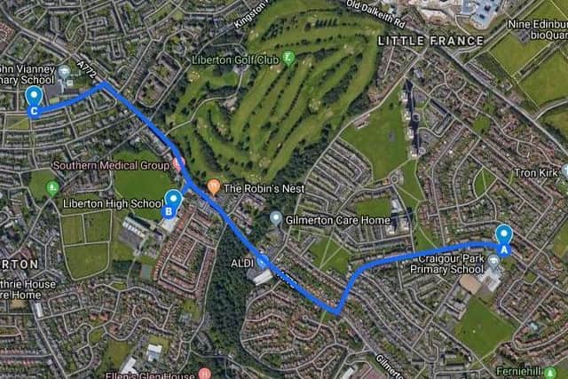 Sonny was taken from Moredun Park Road (A) to Liberton High School (B) before being found in Glenvarloch Crescent (C) by a member of the public, around a mile and a half away from where he was taken from. (Photo: Google)