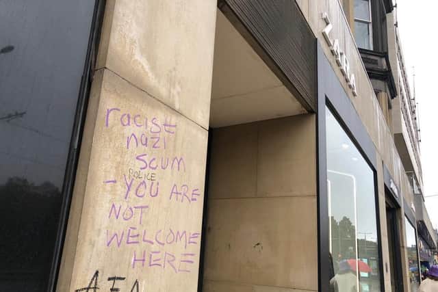 The graffiti has appeared outside of the entrance to Zara in Princes Street. Pic: Lisa Ferguson.