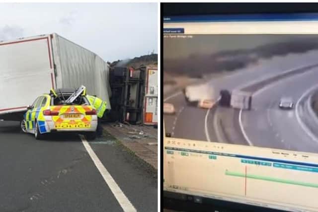 The footage shows the moment the HGV was blown over, causing closures on the A1. PICS: Police Scotland