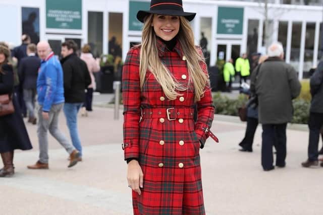 Vogue Williams wears Holland Cooper Full Length Marlborough Trench (Red Tartan) and Trilby (black)