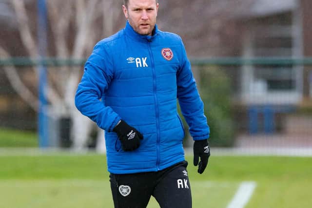 Hearts assistant boss Andy Kirk in training at The Oriam. Picture: SNS
