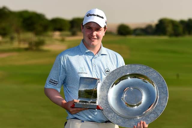 Bob MacIntyre of Scotland poses with 2019 Sir Henry Cotton Rookie of the Year and Challenge Tour Graduate of the Year awards. Picture: Getty