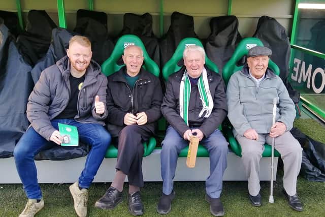 Martin Murphy, the Football Barber (left), took three of his clients on a memory tour of Hibs' Easter Road stadium - John Clark, Tam Owens and Murdoch McPherson. Picture: Martin Murphy.