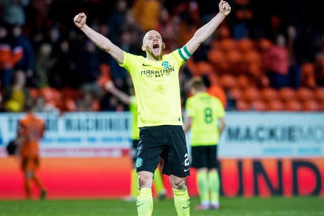 David Gray celebrates after Hibs won on their last trip to Tannadice in March 2017. Picture: SNS
