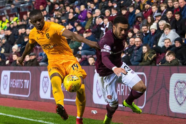 Jake Mulraney in action the last time Hearts played Livingston at Tynecastle. Picture: SNS