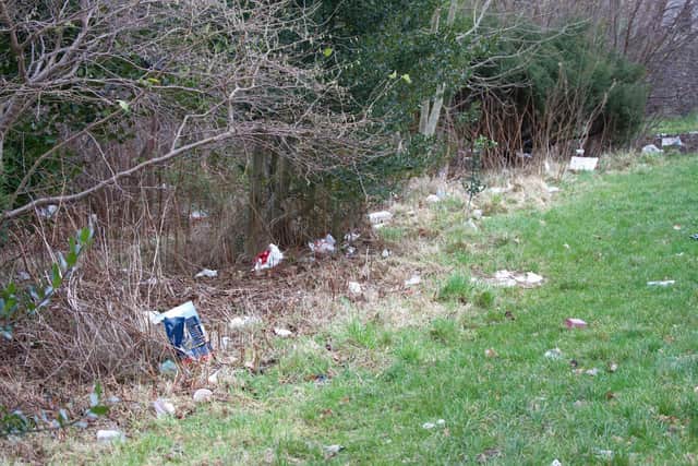Rubbish is strewn across the grass in front of Drumbrae Leisure Centre.
