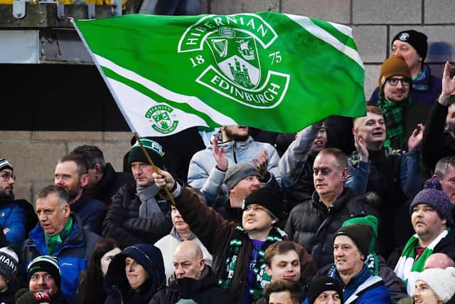 Hibs fans gave the team great backing at Tannadice on Sunday. Picture: SNS