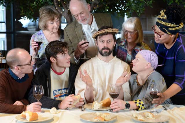 Sam Rowe, one of the actors who will play Jesus in the Edinburgh Passion, pictured with his 'disciples' in Dine restaurant, one of the venues playing host to the production. Picture: Colin Hattersley.