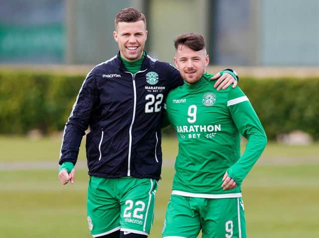 Florian Kamberi, left,and Marc McNulty were te am-mates at Hibs last season. Both players could be on the move on transfer-deadline day. Pic: SNS