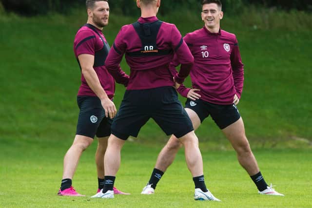 Conor Washington and Jamie Walker together at Hearts training. Picture: SNS