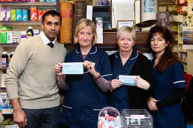 Yas Yousaf, Janette Currie, Lorraine Heron and Clara Barbra at the Paton and Finlay pharmacy in Bruntsfield. Pic: Ian Georgeson.