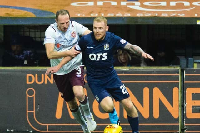 Aidy White challenges Chris Burke during the last meeting between the teams. Picture: SNS