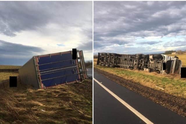 Two lorry drivers could face prosecution after their trucks overturn during high winds on A1 PICS: Police Scotland