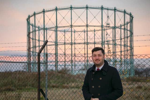 Councillor Cammy Day at the Granton gasometer, which he suggests could be turned into a concert hall.