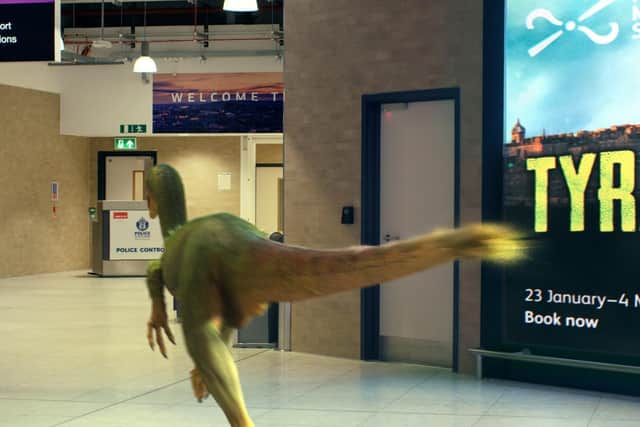 The dinosaur on its way from Edinburgh Airport to the National Museum of Scotland.