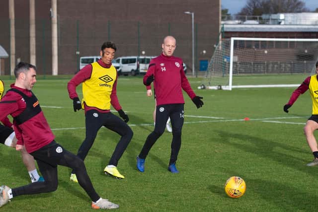 Hearts players are put through their paces ahead of the Airdrie clash. Picture: SNS