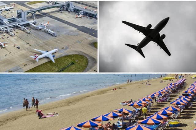 The plane travelled from Lanzarote (bottom, credit Otto Stadler) to Gatwick (left, credit PA).