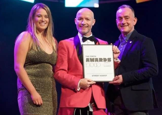 Faye Fulton and Street Assist director Neil Logan at he 2019 Forth Awards with comic Craig Hill