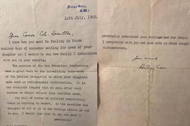 The letter sent by then Foreign Secretary Anthony Eden to Joan Cole-Hamilton's parents after her plane went missing over the Bermuda Triangle