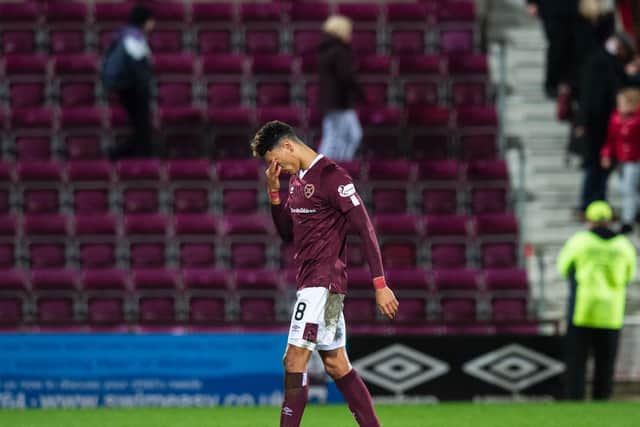 A dejected Sean Clare walks off the park after Hearts' defeat to Kilmarnock at Tynecastle. Picture: SNS