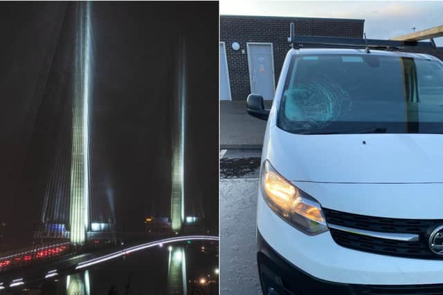 The Queensferry Crossing has been closed tonight. Right, the damage caused by falling ice. Pic: Martin Aitchison.