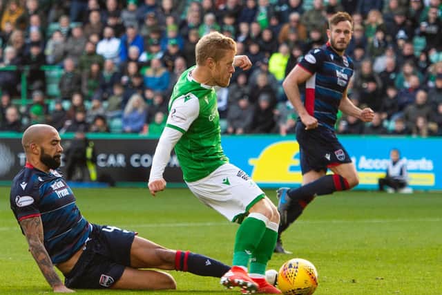 Daryl Horgan scores the last time the teams met each other at Easter Road. Picture: SNS