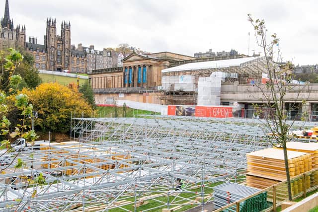 The scaffold structure of the Christmas Market beginning to take shape in October