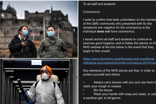 Students and staff at Queen Margaret University have been informed a patient with 'flu-like symptoms' does not have coronavirus. People across the world are taking precautions against the disease including wearing face masks and spraying airports (bottom left, Mexico).