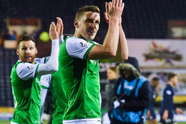 Paul Hanlon applauds the Hibs fans at full time in Ayrshire. Picture: SNS