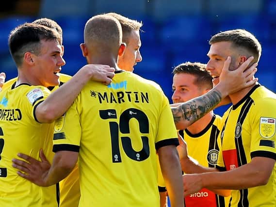 Harrogate Town players celebrate after going 4-0 up at Southend United. Pictures: Getty Images