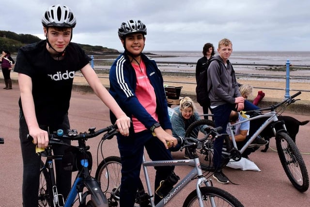 Team Reece cycle ride along Morecambe promenade. Pictured are Joe, Ravi and Jamie.