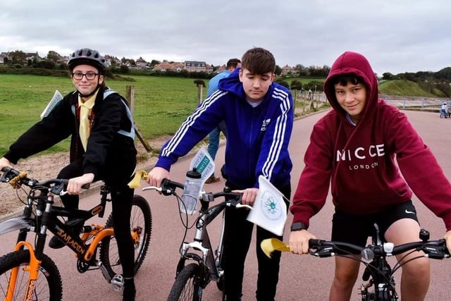 Team Reece cycle ride along Morecambe promenade. Pictured are Daisy, Lewis and Ben who went to school with Reece Holt.