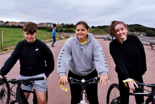 Team Reece cycle ride along Morecambe promenade. Pictured are Owen, Molly and Suria.