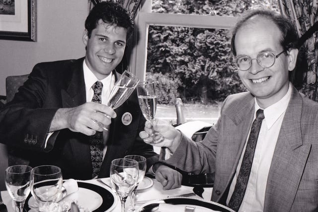 This restaurant was celebrating after being named the best in West Yorkshire by the 1994 Good Food Guide. Toasting success are restaurant manager Bertrand Dijoux (left) and general manager Stephen Beaumont.
