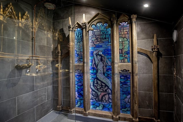 The specially-commissioned backlit stained glass window depicts a blonde mermaid that became famous in the Harry Potter and the Goblet of Fire film. (Credit: Charlotte Graham)