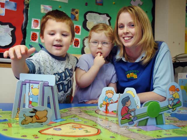 A £1m grant is given to University of Hull Scarborough campus for nursery training. Buttercups Nursery manager Amanda Campbell is pictured with George Spivey, 4 (L) and Grace O’Brien, 3.