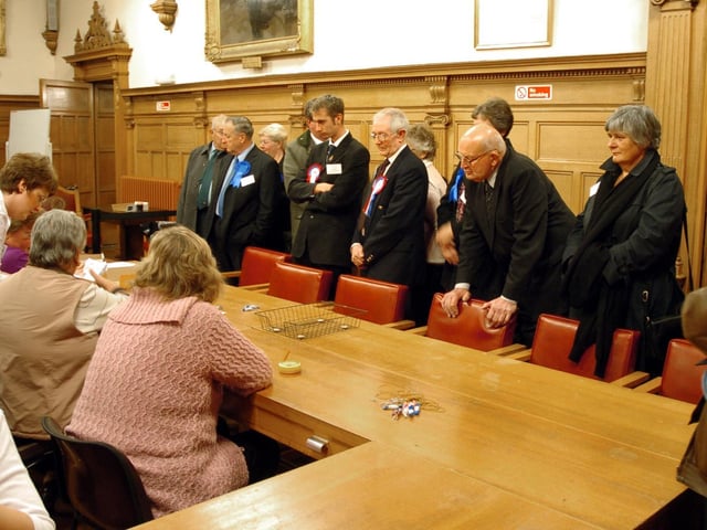 Hertford ward by-election, candidates and supporters watching the count at Scarborough Town Hall.