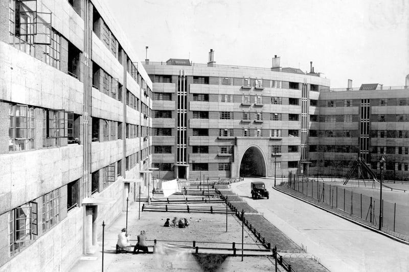 On the left is Lupton House, the first occupant of the flats moved into number 34 on March 30, 1938. This was a Mrs Conway with three children. In the centre, with the entrance archway is Kitson House.