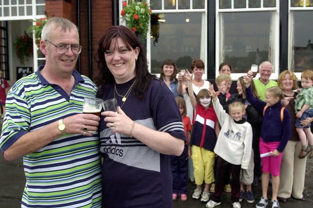 Regulars of the Burn Naze pub with Landlord Kevin Johnson and Landlady Cathy Martin at the pubs fun day in 2000