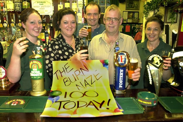 100th birthday celebrations at The Burn Naze (Thornton). From left, Chelita Warrington, Cathy Johnson (Licensee), Mark Hughes (manager), Kevin Johnson and Sue Gibson, 2001
