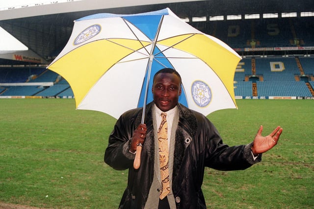 Tony Yeboah on the pitch at Elland Road after signing for Leeds United.