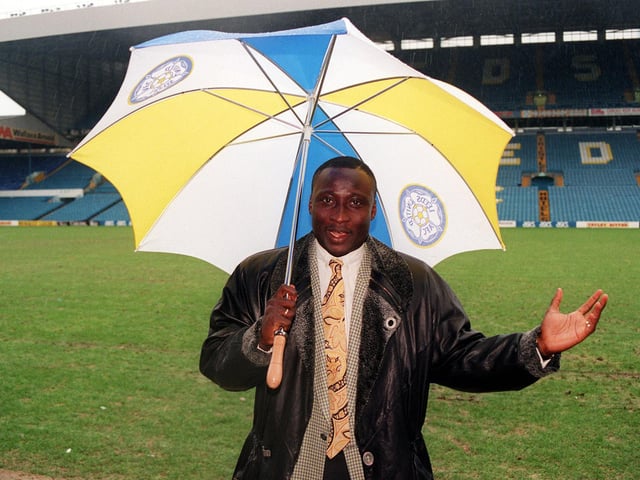 Tony Yeboah on the pitch at Elland Road after signing for Leeds United.