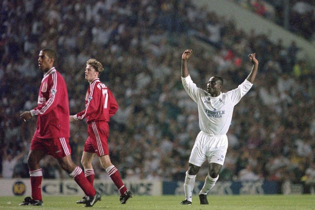 Tony Yeboah celebrates scoring against Liverpool during the Premier League clash at Elland Road in August 1995.