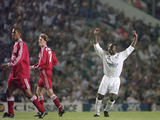Tony Yeboah celebrates scoring against Liverpool during the Premier League clash at Elland Road in August 1995.