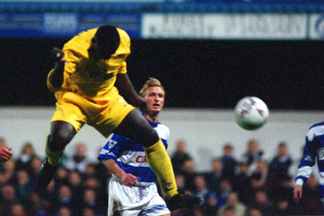 Tony Yeboah heads home the first of his two goals against Queens Park Rangers at Loftus Road in March 1996.