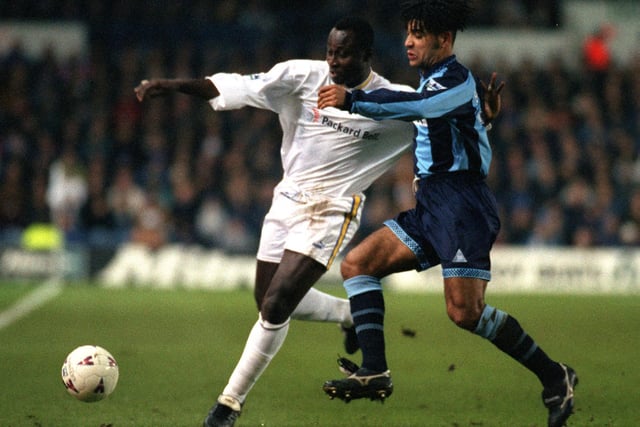 Tony Yeboah and Coventry City's Richard Shaw battle for the ball during the Premier League clash at.Elland Road in December 1996. Leeds lost 3-1.