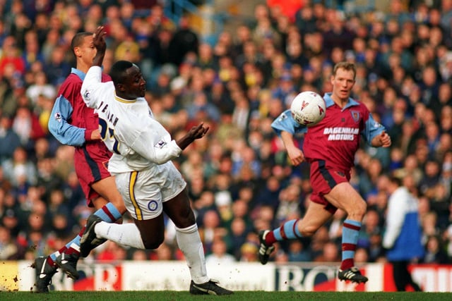 Tony Yeboah watches his first half effort against West Ham United go wide of the post during the Premier League clash at Elland Road in March 1997. Leeds won 1-0.